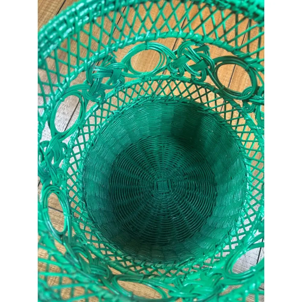 Green Wicker Wastebasket Planter Vintage Trash Can Shabby Chic Cottage BOHO